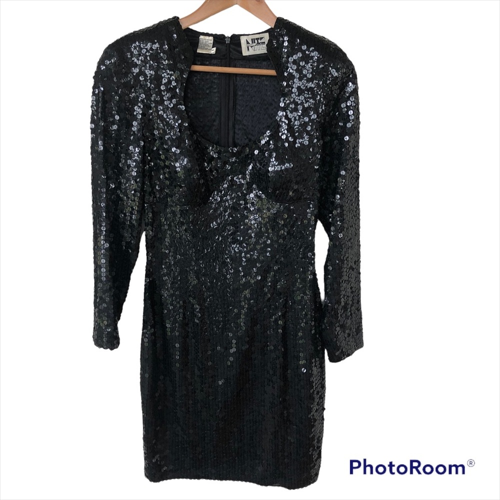 VINTGE 80’s NITE LINE Black Sequins Scoop Neck Dress
